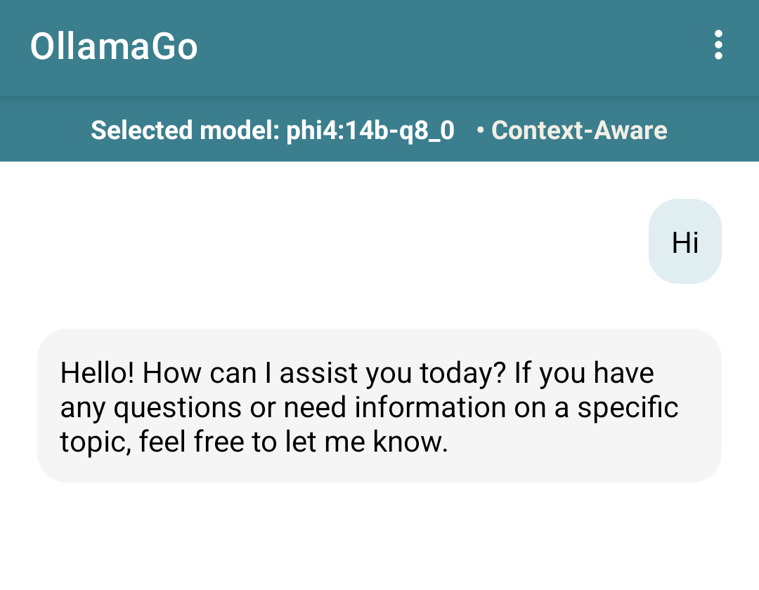 Screenshot of OllamaGo Android App interface
